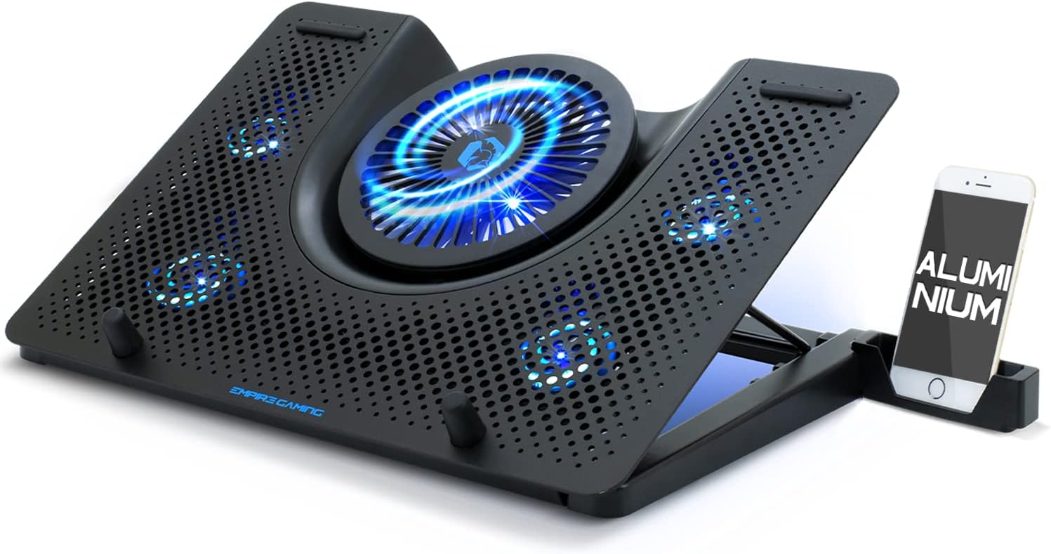 EMPIRE GAMING - Turboost Aluminium Laptop Cooling Stand - Cooler Pad Compatible with Notebook 12" to 17" – 5 Quiet Fans – 1 Smartphone Stand - Ergonomic 5 Adjustable Height – Blue LED – USB