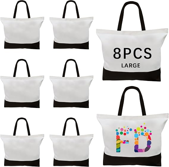 ORJ 8 Pack Large Canvas Tote Bags Bulk,blank canvas grocery bags reusable shopping bags with handles,for sublimation and DIY Decorating Crafting Painting