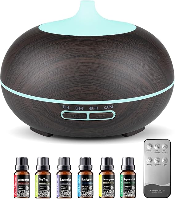 550ml Large Capacity Essential Oil Diffuser with 6 Essential Oil Set | Aromatherapy Ultrasonic Air Humidifier with Timer,7 Color LED Night Light,Waterless Auto-Off Functions for Home Spa