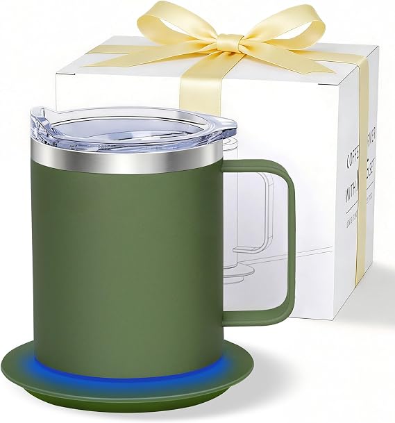 Self Heating Coffee Mug, USB Heating Mug with Sliding Lid, 131F Coffee Warmer for Desk Home & Office (Green-12oz)