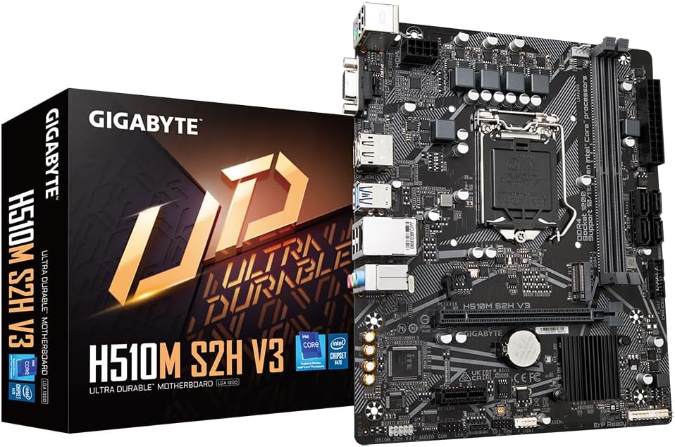 Gigabyte H510M S2H V3 Motherboard - Supports Intel Core 11th CPUs, up to 3200MHz DDR4 OC, 1xPCIe 3.0 M.2, GbE LAN, USB 3.2 Gen 1