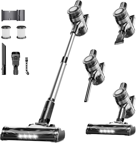 Cordless Vacuum Cleaner, Powerful Stick Vacuum Cleaner for Home with Rechargeable Battery, 6-in-1 Lightweight Handheld Vacuum, 45 Mins Runtime for Hardfloor & Carpets Pet Hair (Black)