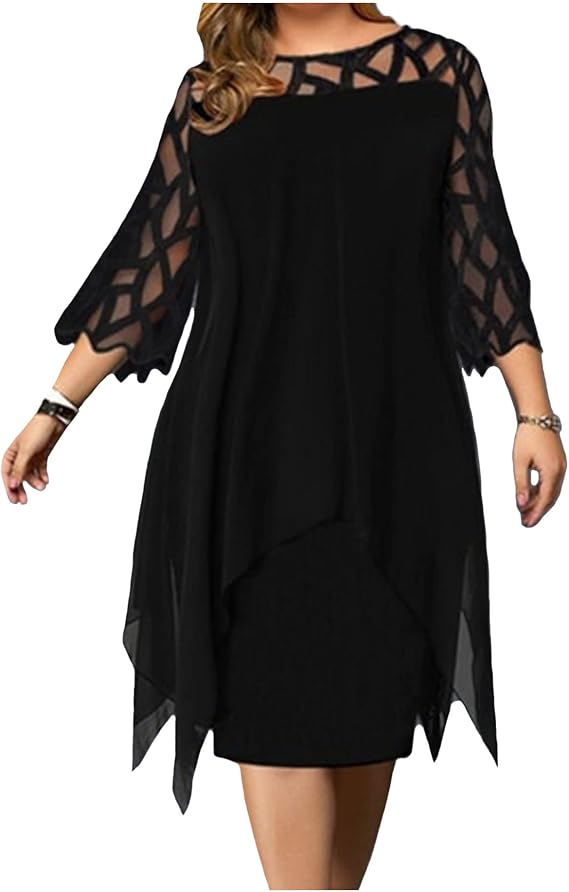 Legou Women's Dress Lace Paneled Round Neck Irregular Hem Chiffon Dress
