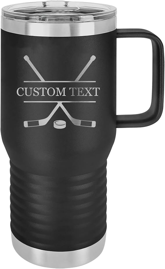 20-Ounce Vacuum Insulated Stainless Steel Tumbler Customized Double-Walled Laser Engraved Coffee Closing Travel Mug, Black Hockey Player Sticks, Personalized