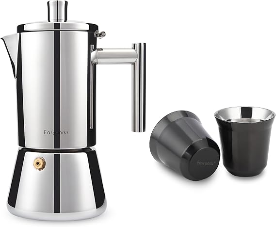 Easyworkz Diego Stovetop Espresso Maker, Bundled With Stainless Steel Espresso Cup 2pcs Set Double Wall Insulated Metal Demitasse Cups