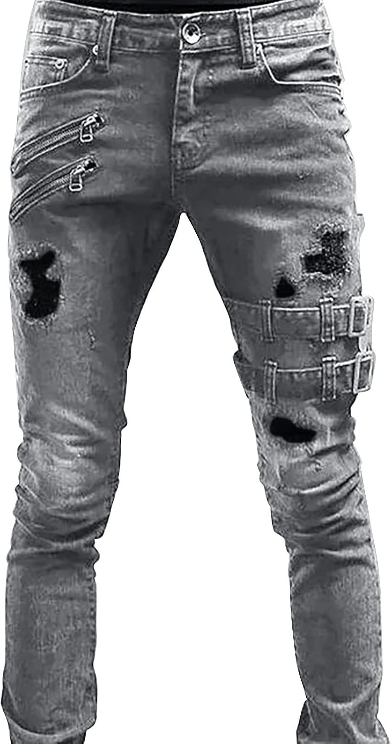 Mens Ripped Jeans Skinny Slim Fit Stretch Distressed Destroyed Jeans Denim Pants Moto Biker Pants with Pockets