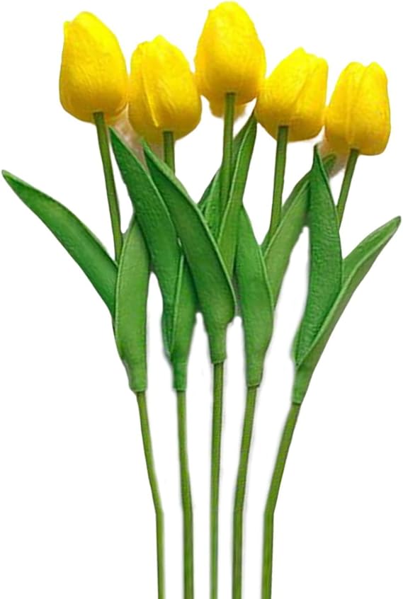 5 Pcs Artificial Tulip Flowers, Real Touch PU Tulip Stems Faux Flowers Bouquet for Arrangement Wedding Party Easter Spring Home Dining Room Office Decoration Yellow