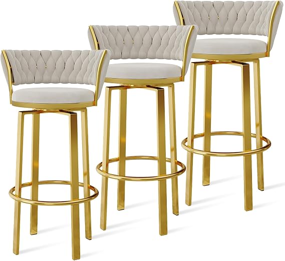 360 ° Swivel Height Bar Stools Set of 1/2/3/4, Open-back Velvet Barstools with Woven Back and Gold/Black Footrest, Dining Chairs for Kitchen Island Pub,White Gold Leg,3 PCS