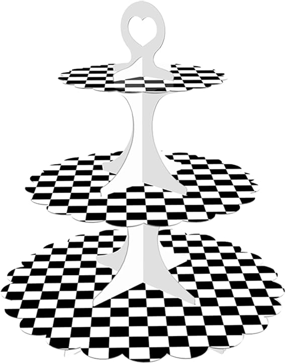 3-Tier Racing Theme Cupcake Stand,Cars Theme Decoration,Black White Checkered Design,Car Theme Dessert Stand for Race Car Birthday Party Decorations (1-Pack)