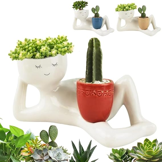 Lazy Guy Planter, Lazy Little Character Flowerpot, Relaxing Person Holding Pot Planter, Funny Plant Pots Unique Shape Pot for Succulents Cactus with Drainage Hole for Home Garden Decor (Red)