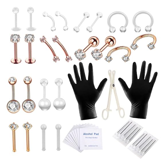 Body Piercing Kit Stainless Steel Tongue Rings Belly Button Piercing Jewelry Rose Gold 47PCS