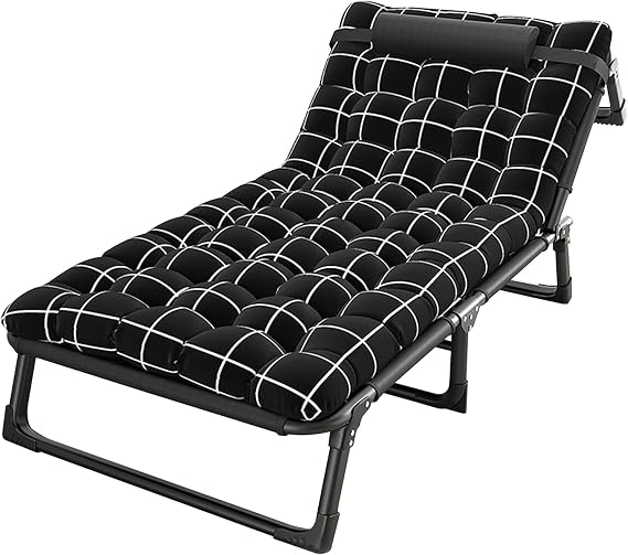 Camping Cot, Adjustable 4-Position Adults Reclining Folding Chaise with Pillow, Outdoor Lounge Chair Sleeping Cot Bed, Perfect for Office, Pool, Beach, Patio 75cm