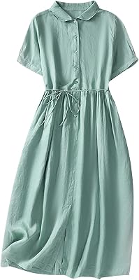 Lastesso Summer Dresses for Women 2024 Soft Cotton Linen Sundresses Casual V Neck Button Down Eyelet Flowy Boho Dresses