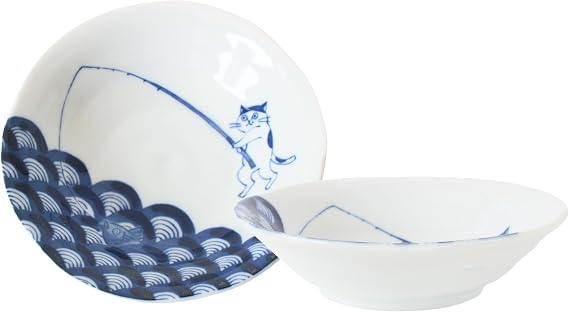 Mino ware Japanese Ceramics Pair Round Plate Japanese Cat (set of two) made in Japan GBS229 (Small Deep, Fishing)