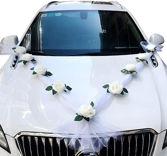 Wailicop Artificial Flowers Bouquet Set Wedding Car Decoration Ribbon for Bridal Car, Christmas Decor