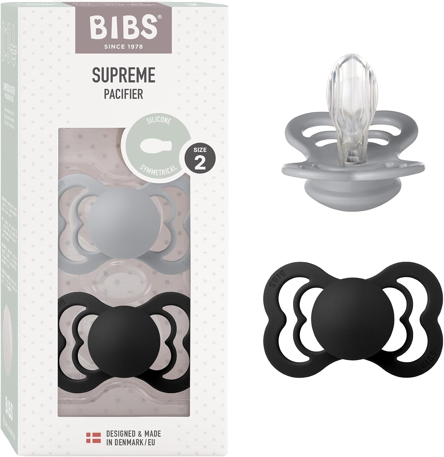 BIBS Supreme Soother 2-Pack, BPA Free Dummy Pacifier, Symmetrical Nipple. Silicone, Size 2 6-18 Months, CloudBlack