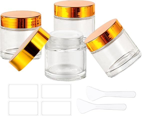 4 Pack 2 oz Glass Cream Jar，Clear Glass Jars with Lids Empty Round Glass Jar with Inner Liners and Gold Lid,Cosmetic Containers for Storing Cream, Ointments,Lotion(Clear - Gold Lid)