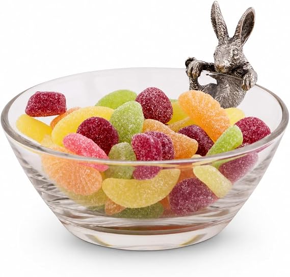 Vagabond House Bunny Dip Bowl - Glass Candy Dish with Pewter Climbing Bunny - 5 Inch Diameter, 3.5 Inch Tall - Perfect for Easter Celebrations