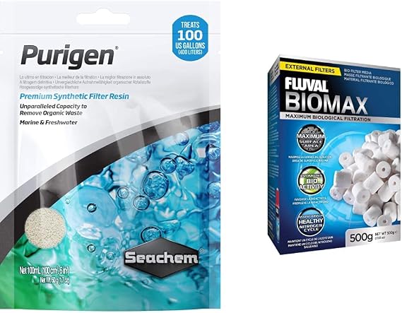 Seachem Purigen Organic Filtration Resin - Fresh and Saltwater 100 ml & Fluval BioMax Biological Material Remover, 500 g - Biological Filter Media for Aquariums