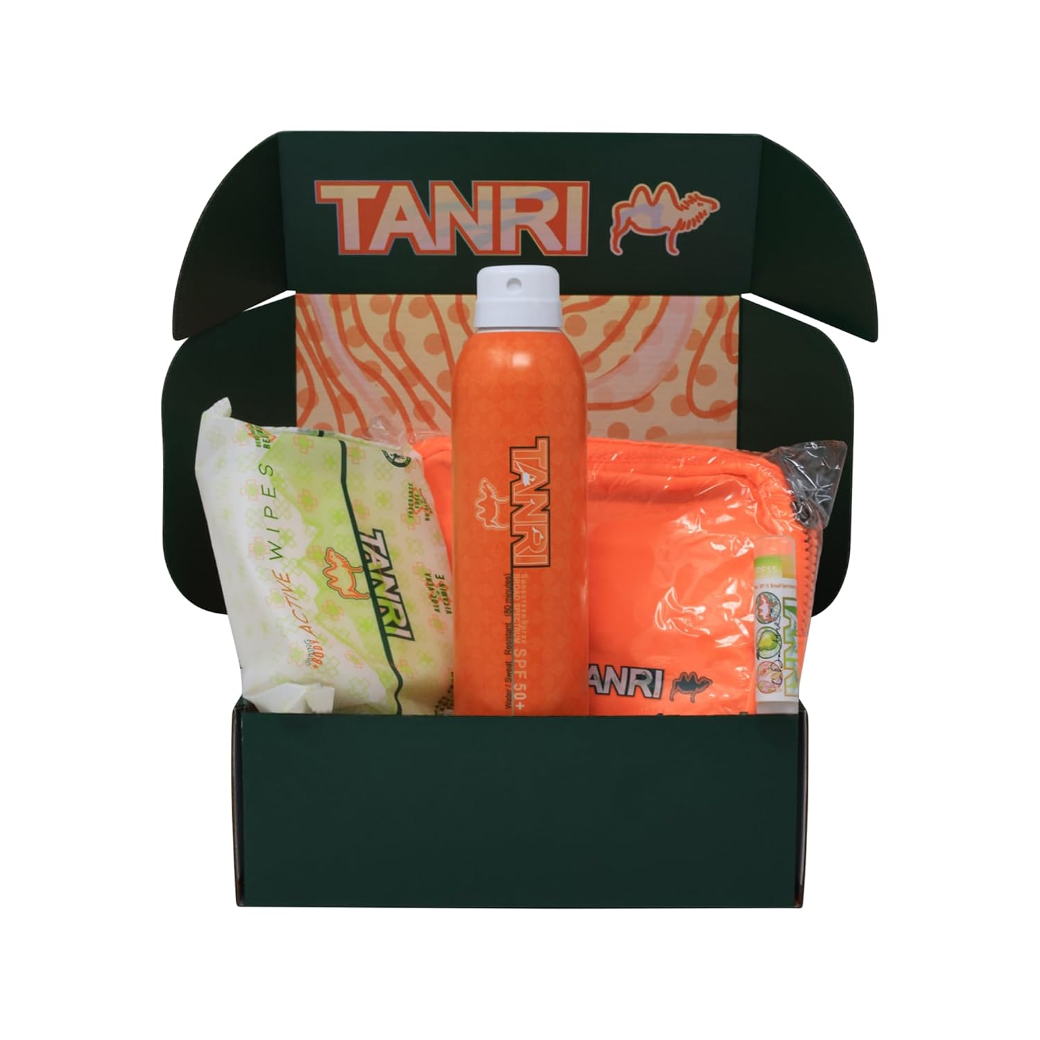 TANRI Primo Explorer Pack; Includes SPF50 Sunscreen Spray that Goes on Clear, Active Wipes No-Rinse Body Wipes, Moisturizing SPF15 Pear Lip Balm and an Adjustable Fanny Pack 4-Pack Bundle