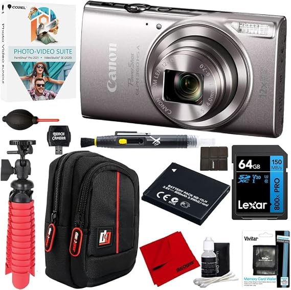 Canon PowerShot ELPH 360 HS A (Silver), 20.2MP CMOS, 12x Zoom, OIS, 1080p FHD Bundle with Corel Photo Video Suite Software + 64GB Memory Card + Deco Gear Field Bag Camera Case + Accessories Kit