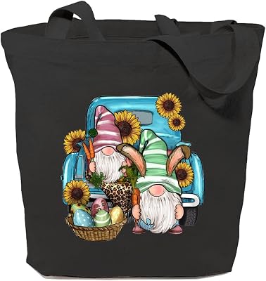 Easter Eggs Gnomes Canvas Tote Bag for Women Aesthetic Sunflowers Reusable Grocery Shoulder Shopping Bags Funny Gift