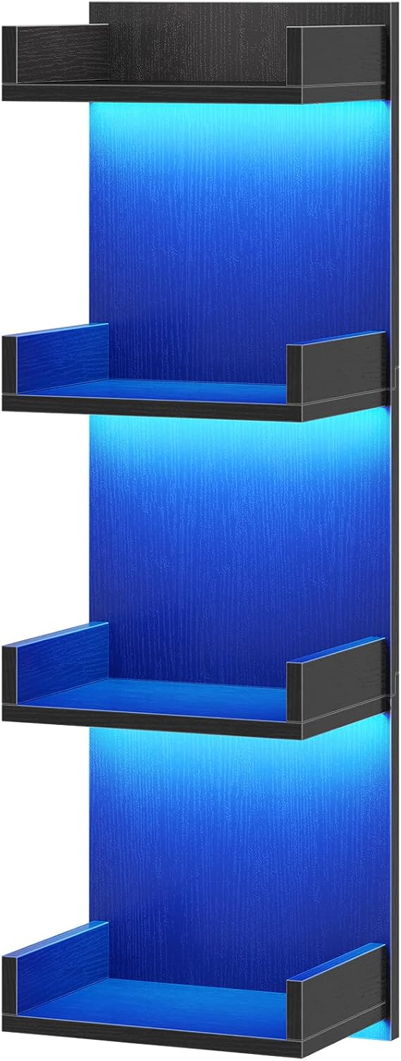HOOBRO Floating Wall Shelves with LED Lights, Floating Shelf Wall Mounted for Storage, Vertical Display Stand, Modern Column Rack, for Bedroom, Livingroom, 4-Tier, 35.4 Inches, Black, BK41DBJ01