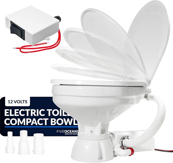 TMC Electric Marine Toilet, RV Toilet with Clamp-On Hose Connection, Boat Toilet, Compact Design Bowl, Heavy-Duty Macerator Pump, On-Off Flush Control Switch, Quiet Soft-Close Lid, 12V DC - FO720
