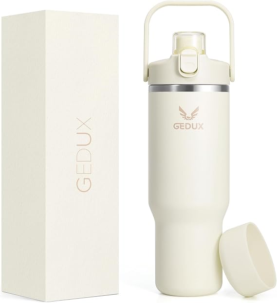 32 oz Stainless Steel Tumbler with Handle and Straw, Vacuum Insulated Water Bottle with 2-in-1 Lid (Chug/Straw) and Silicone Boot