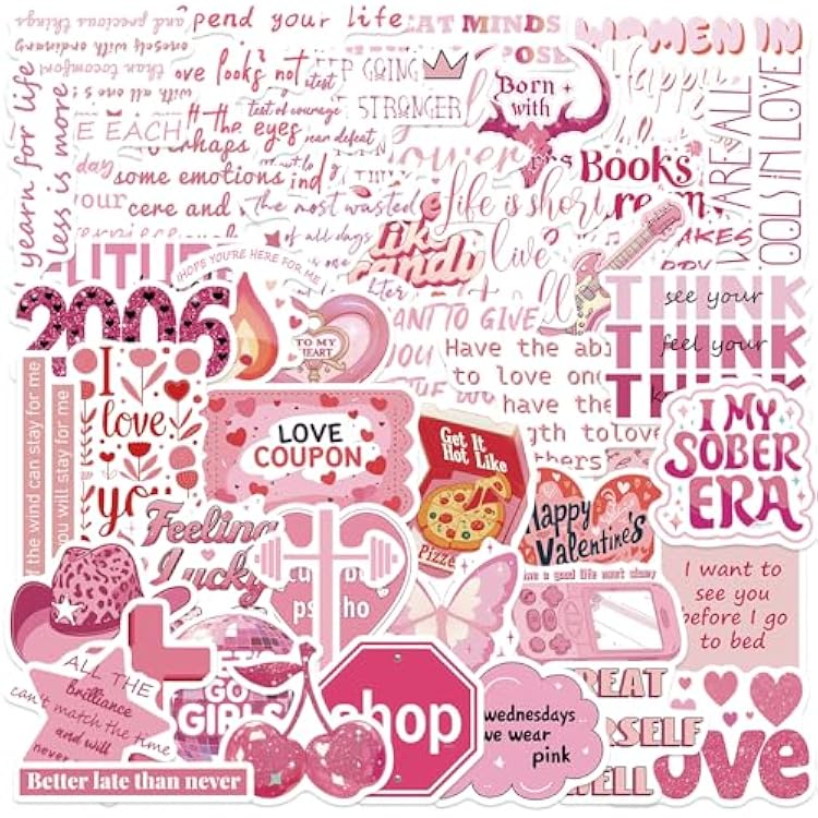 50 PCS Romantic Bookish Stickers for Kindle, Womens Pink Reading Sticker Pack, Vinyl Waterproof Decals for Book Bottle Journal Scrapbook Laptop Ebook Readers