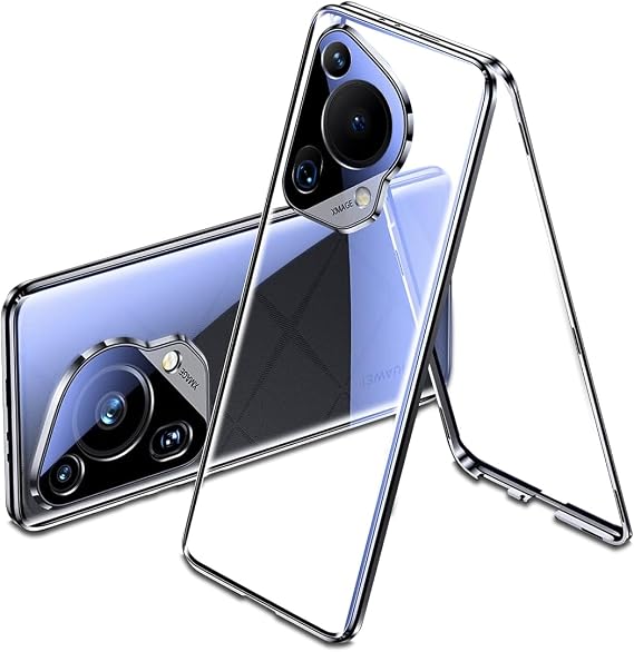 QUIETIP Case Compatible with Huawei Pura 70 Ultra,Magnetic Body Metal Frame Double Sided Clear Tempered Glass Cover,Black