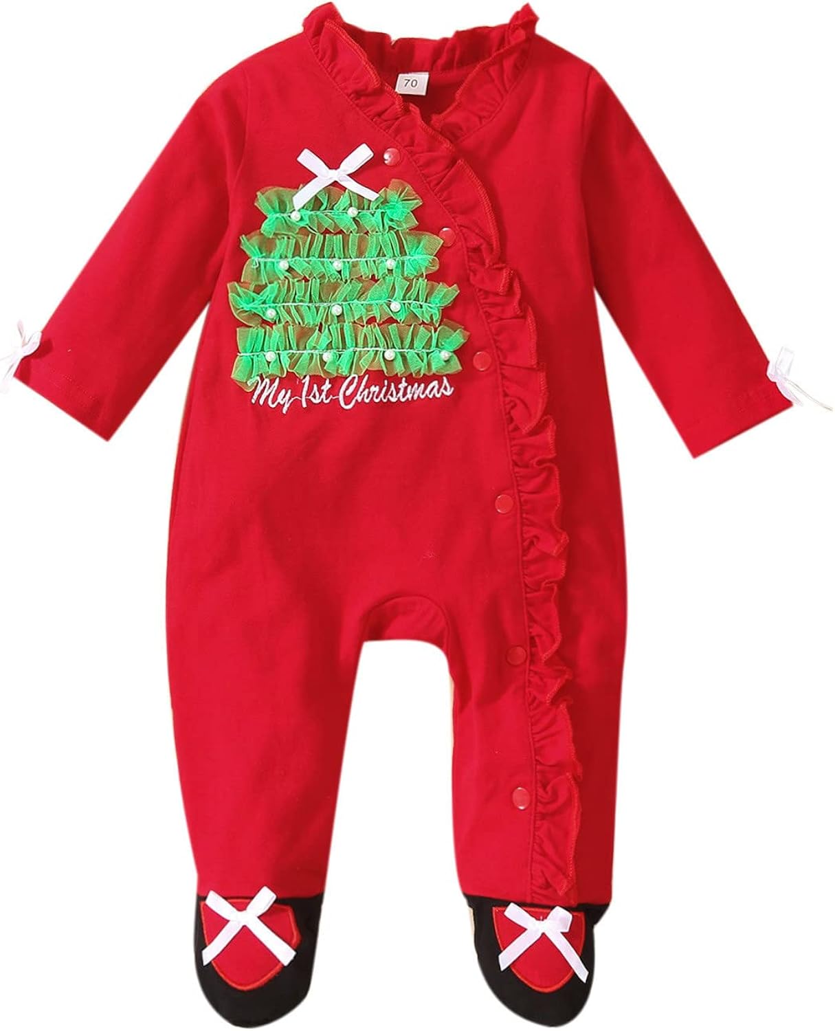ZHICHUANG Xmas Toddler Kids Infant Baby Boys Girls Patchwork Long Sleeve Ruffled Letter Bowknot Romper Jumpsuit Christmas