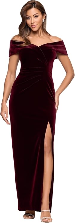 Xscape Women's Long Velvet Off-The-Shoulder Sweetheart Neckline Dress with Leg Slit and Center Back Zipper