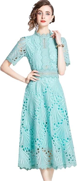 Womens Summer Stand Collar Lace Short Sleeve Dress Vintage Elegant Long Dress