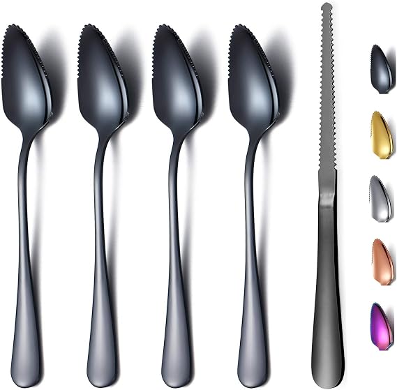 Black Grapefruit Spoons 5 Pieces Set, 4 Stainless Steel Grapefruit Spoon And 1 Grapefruit knife With Titanium Plating, Grapefruit Utensil Set, Serrated Edges Spoon pack of 5 (Black)