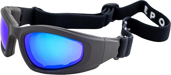 Epoch Eyewear Goggle Ski Sports & Motorcycle Padded Safety Goggles ANSI Z78.1 Black Frame w/Blue Mirror Lens