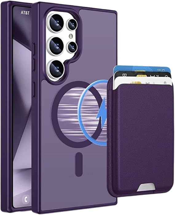 PSR Aksesuar Samsung Galaxy S26 Ultra Uyumlu M-Safe Kablosuz Şarj Destekli Mat Kılıf + MagSafe Kartlıklı Cüzdan - Tam Koruma Seti (Derin Mor, Samsung Galaxy S26 Ultra)