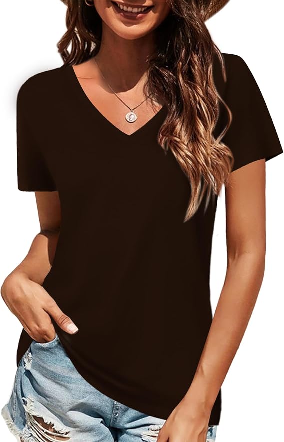 Elesomo Women's 100% Cotton V Neck Short Sleeve T Shirts