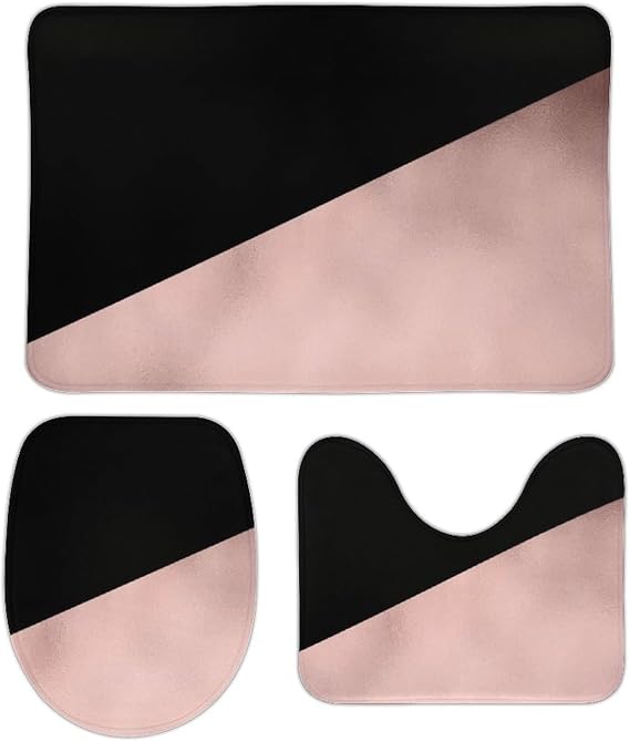 3 Pieces Bath Rug Set, Elegant Modern Rose Gold Black Geometric Bathroom Mat Set Non Slip & Absorbent Bath Carpet, U Shaped Contour Rug & Toilet Lid Cover