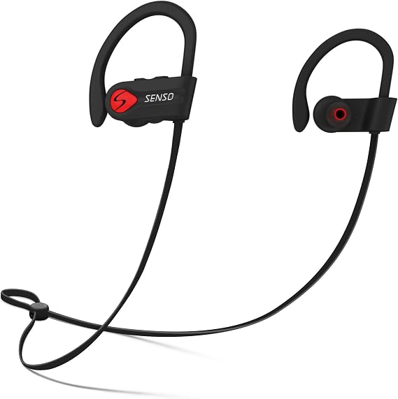 Senso Bluetooth Headphones, Best Wireless Sports Earphones w/Mic IPX7 Waterproof HD Stereo Sweatproof Earbuds for Gym Running Workout 8 Hour Battery Noise Cancelling Headsets (Black Red)