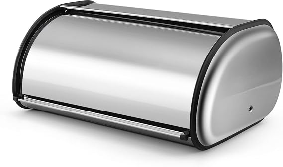 Flexzion Stainless Steel Bread Box For Kitchen Countertop (13 inch) Metal Roll Up Top Lid Storage Container Bin Keeper for Cake Buns Toasts Loaves Pastries Pancakes, Ideal for Restaurant Home Kitchen