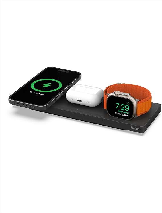 Belkin MagSafe 3 in 1 Wireless Charging Pad, Fast Charging Station | Apple Watch, iPhone 17/16/15/14 Series, AirPods compatible, multi-device MagSafe charging station, Magnetic