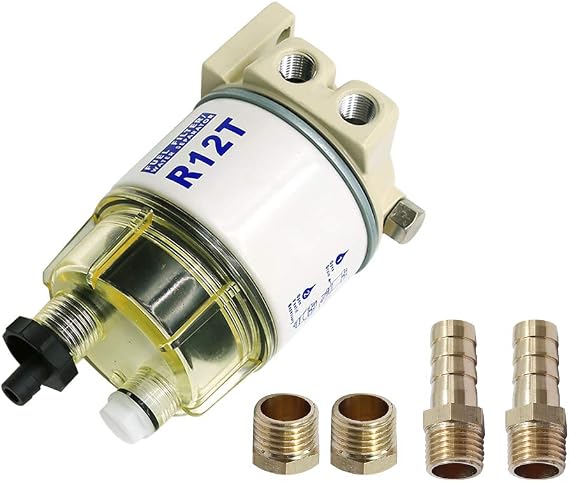 Anxingo R12T Fuel Filter Water Separator 120AT NPT ZG1/4-19 with 2 Fittings, 2 Plugs Complete Combo Filter for Marine Diesel Engine Lawn Mower