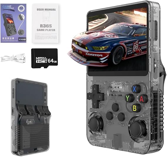 R36S Handheld Game Console, 3.5 Inch 3500mAh Portable Retro Games Console with Open Source Linux System, 64G TF Card, 20000+ Classic Games for Teens and Adults Gifts (Black)
