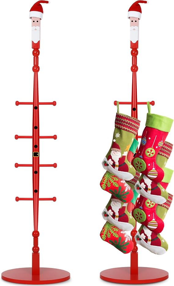 Shellwei 60 Inch Christmas Wooden Freestanding Stocking Holder with Santa Claus Snowman Hat and Hanger Stickers Xmas Stocking Stand with 8 Removable Hooks Floor Holiday Decor(Santa Claus)