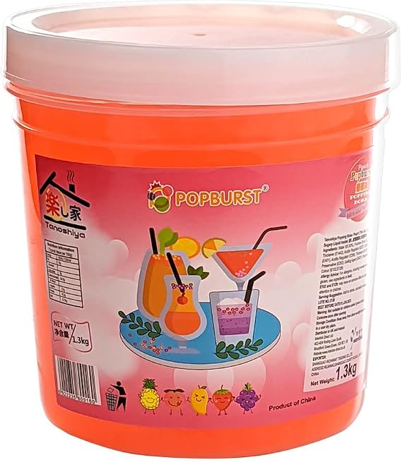 Tanoshiya Popping Boba Fruity Flavour Bursting Bubbles 1.3kg | Tapioca Pearl for Desserts & Drink Toppings - Peach Flavour