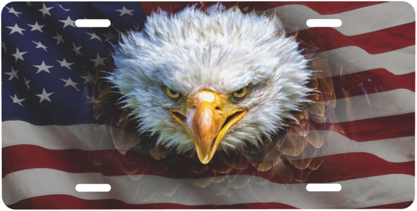 American Flag Angry Bald Eagle License Plate Decorative Car Front License Plate Covers Vanity Tag Metal Car Plate Aluminum Novelty License Plate for Women Men 6x12 Inch