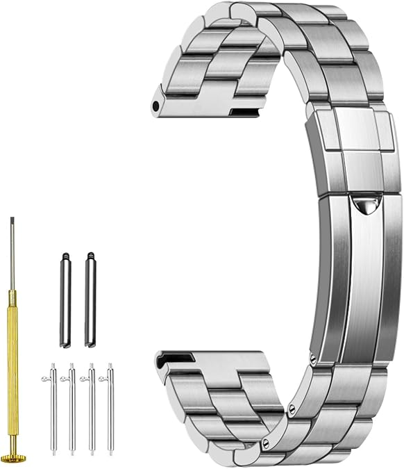 YISIWERA Screw-In Stainless Steel Watch Band, 20mm 22mm Quick Release Metal Watch Strap Bracelet for Men Women with Diving Deployment Buckle Silver