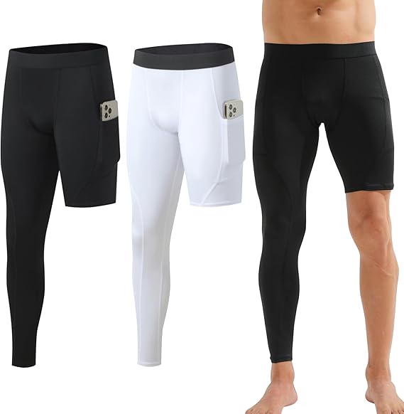 Men's Compression Pants 2-Pack - One Leg Basketball Running Tights | Athletic base layer leggings for training & gym. Workout football sports underwear, Size XS-3XL. With/without pockets