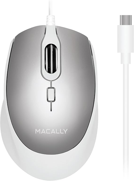Macally USB C Mouse for Mac - Precise, Comfortable, and Quiet - Wired Type C Mouse for MacBook Pro Air|iPad|PC|iOS|Android - Plug and Play USBC Apple with Ambidextrous Body and 4 DPI Modes - Silver